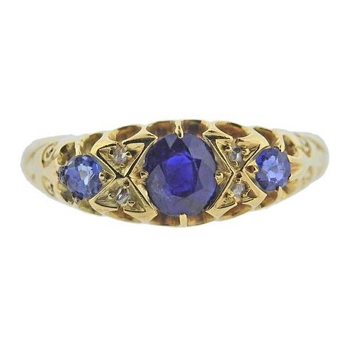 Antique English 18k Gold Diamond Sapphire Ring
