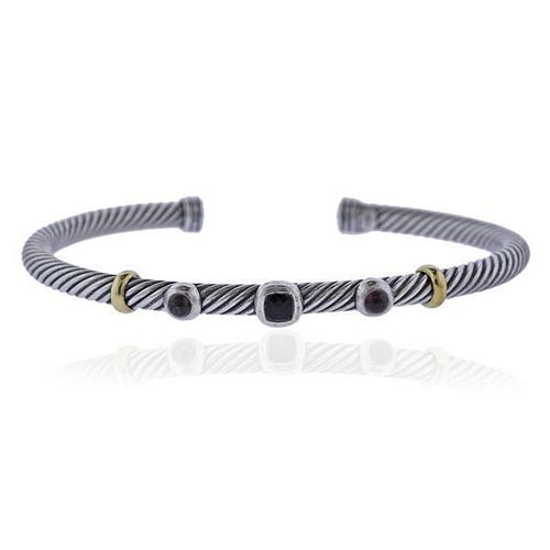 David Yurman Silver 18k Gold Garnet Onyx Cable Bracelet