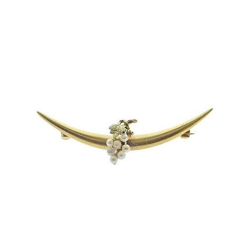 Antique 14k Gold Pearl Grapes Honeymoon Crescent Brooch Pin