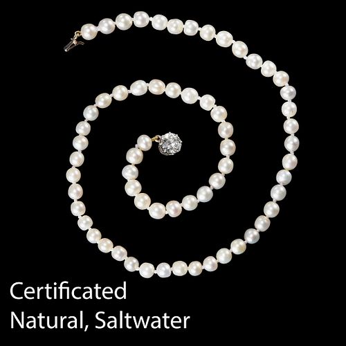 MAGNIFICENT CERTIFICATED SINGLE STRAND PEARL NECKLACE WITH A DIAMOND CLASP