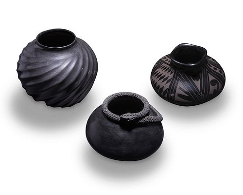 Three Mata Ortiz blackware pottery vessels