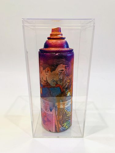 E.M. ZAX  Mixed Media original on artist used spray can in lucite display box 