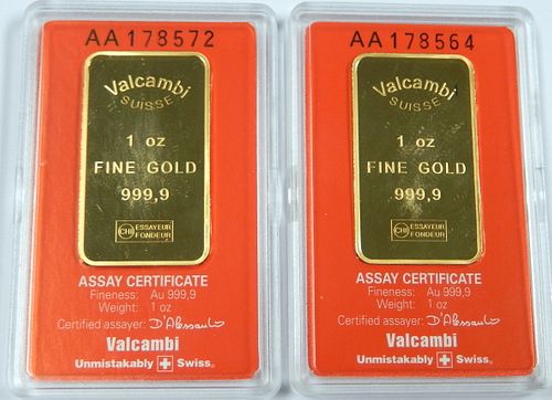 (2) Scotiabank Valcambi Fine Gold 1 Troy Oz. Bars.