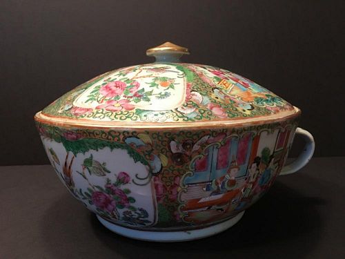 ANTIQUE Chinese Rose Medallion Chamber Covered Bowl,  19th Century