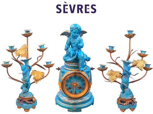 19th C. French Sevres Blue Porcelain Bronze Figural Clock Set