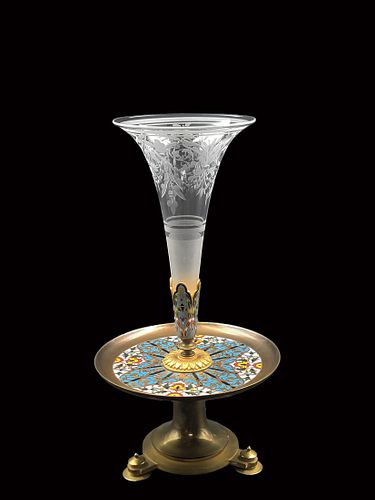 19th C. French Baccarat Crystal Champleve Enamel Bronze Centerpiece