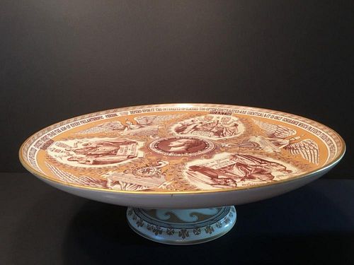 ANTIQUE high footed Plate with religious decorations, 19th Century. 16 1/2" diameter, 5 1/2" H. Ca 1863