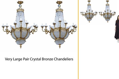 Very Large Pair Of Bronze & Crystal Chandeliers