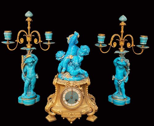 19th Century French Sevres Figural Blue Porcelain Bronze Clock Set
