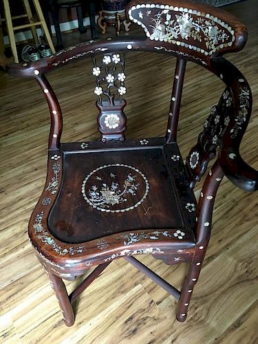 ANTIQUE Chinese wood with mother pearl corner armchair, 19th Century. 33" high x 16" wide