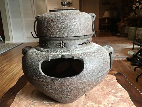 ANTIQUE Japanese Iron furnace and hot pot, Meiji period.  15" high x 14" wide