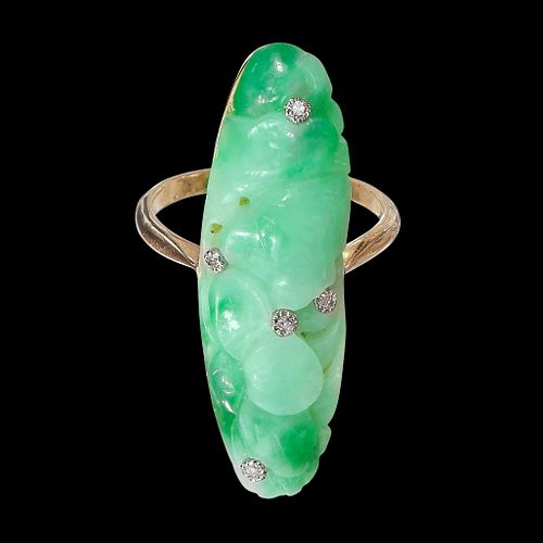 CARVED JADE AND DIAMOND RING