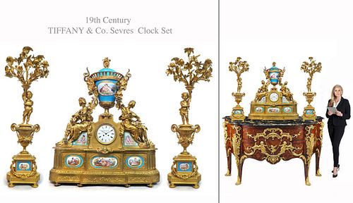 Monumental TIFFANY & Co Serves Figural Bronze Clock Set