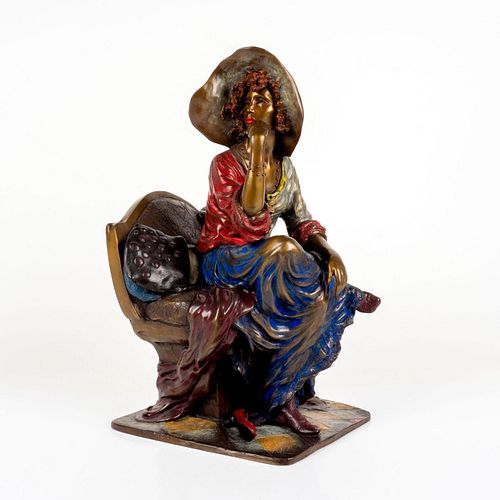 Isaac Maimon Painted Bronze Sculpture, Lady With Sun Hat