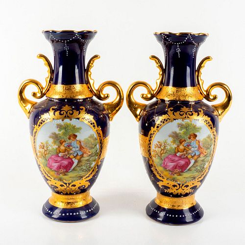 2pc Limoges Porcelain Double Handled Vases, Couple Scene