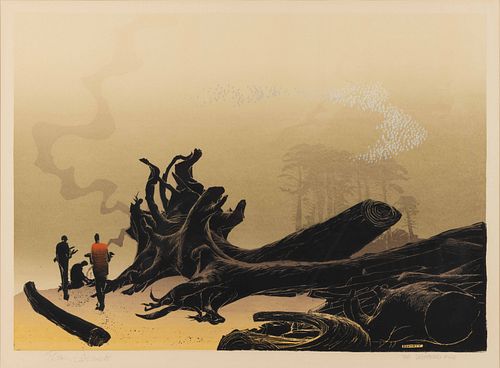 ELTON BENNETT (PACIFIC NORTHWEST, 1910-1974) "THE DRIFTWOOD FIRE" SERIGRAPH