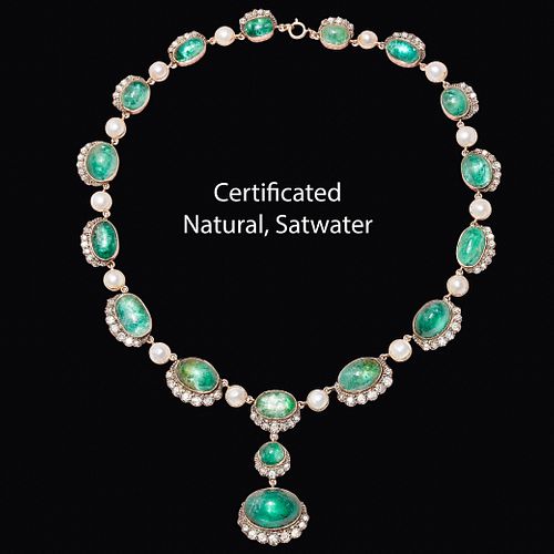 IMPORTANT ANTIQUE CERTIFICATED NATURAL SALTWATER PEARL, EMERALD AND DIAMOND DROP NECKLACE