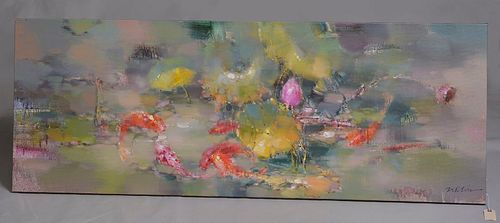 Large oil painting of Coi fish pond