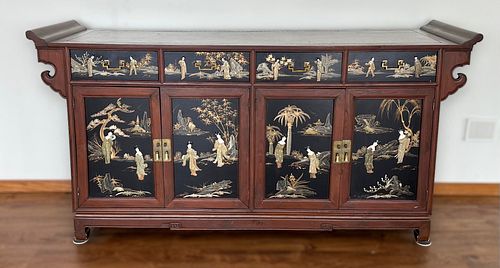 Chinese Black Lacquer Buffet W/ Hardstone Overlay