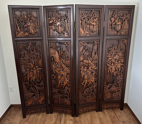 Ornately Carved Chinese (4) Panel Room Divider