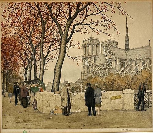 Tavik F. Simon Hand Colored Etching "Notre Dame"