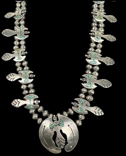 Navajo Silver & Turquoise Peyote Bird Necklace