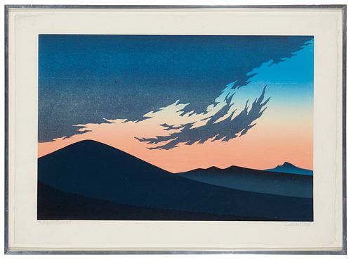 Sabra Field (b. 1935), "Autumn Sunset", Woodcut in colors on Japanese paper, Image: 12" H x 18" W; Sheet: 15" H x 21" W