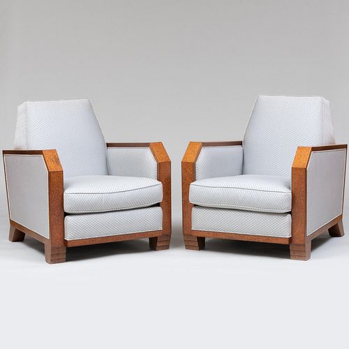 Pair of Art Deco Burl Walnut Upholstered Club Chairs