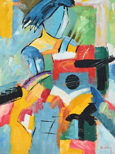 Large Cubist Guitar Player Abstract, Signed