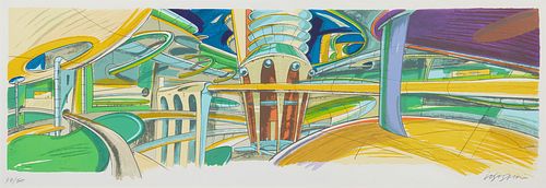 20th Century American School, Futuristic highway, Lithograph in colors on paper, Image: 24.25" H x 76.5" W; Sight: 27.25" H x 79" W