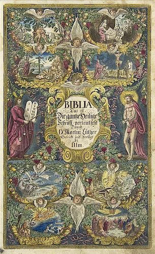 Martin Luther
Biblia. Das ist die ganze Heilige Schrift. Mit 1 gest. Portrait, 1 gest. und kolorierten Titel, 133 kolorierten