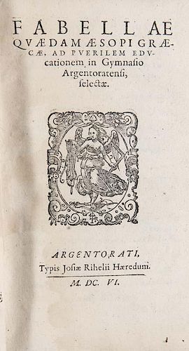 (Golius, Theophilus)
Educationis puerilis linguae Graecae pars prima, pro Schola Argentinensi. Mit Holzschnitt Titelvignette.
