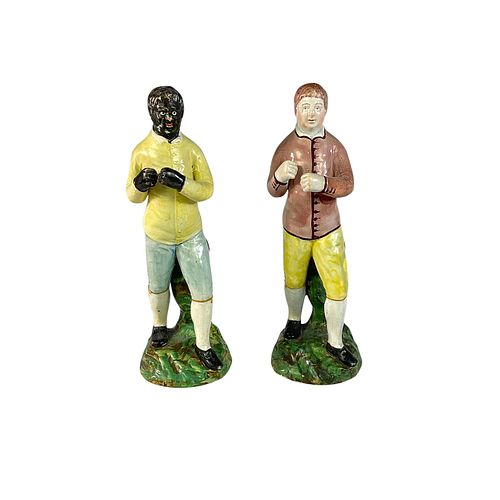 Pair of Antique Staffordshire Porcelain Boxer Figurines