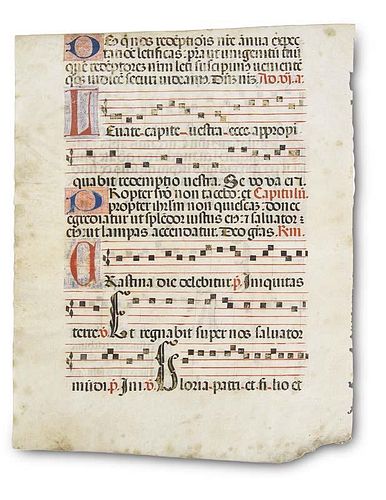 Antiphonar-Blatt mit insg. 6 kolorierten Initialen u. rubriziertem Text mit Quadratnoten recto u. verso. Pergament. 17./18. J