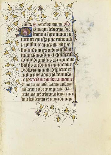 Antiphonar-Blatt mit rubriziertem Text, 2 in blau u. rot kolorierten u. goldgehoehten Initialen sowie goldgehoehter Blattrank