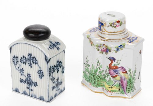 ENGLISH HAND-PAINTED PORCELAIN TEA CADDIES / CANISTERS, LOT OF TWO