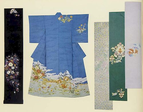Japanischer Kimonokatalog. Mit 21 phot. Tafeln. (ca. 1960). 23 Bll. Quer-4°. Roter Lwd. mit DTitelschild und Kordelbindung (