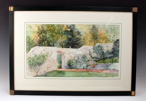 LARGE SIGNED WATERCOLOR OF GARDEN