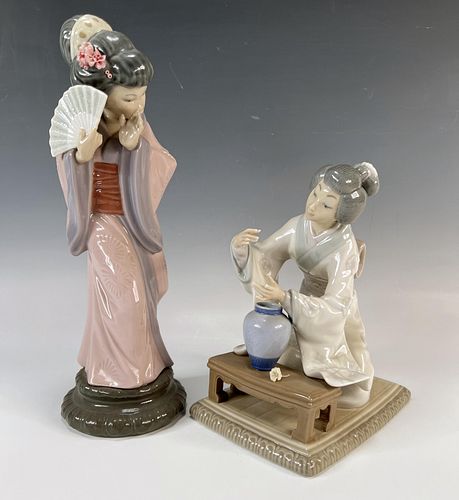 LLADRO WOMAN WITH CHERRY BLOSSOM & TIMID JAPANESE GEISHA FIGURES