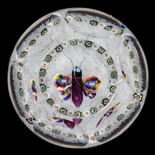 ANTIQUE BACCARAT BUTTERFLY AND GARLAND LAMPWORK AND MILLEFIORI ART GLASS PAPERWEIGHT