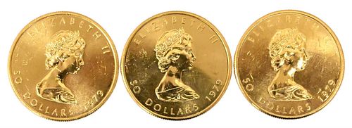 Three 1979 Canadian One Ounce Fine Gold $50 Maple Leafs