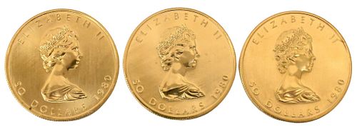 Three 1980 Canadian One Ounce Fine Gold $50 Maple Leafs