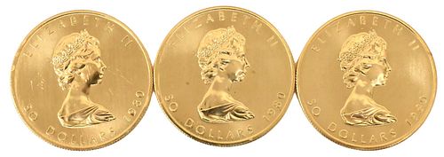 Three 1980 Canadian One Ounce Fine Gold $50 Maple Leafs