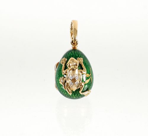 Faberge 18K Diamond Enamel Frog Pendant
