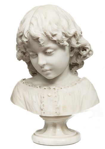Eugenio Lombardi (Italian, 1853-1912) Marble Bust, Young Girl, 1883, H 16''