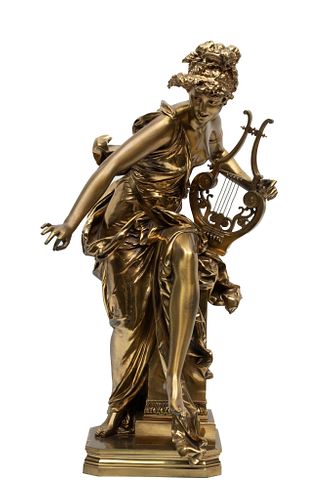 Albert Ernest Carrier-Belleuse (French, 1824-1887) Bronze Allegorical Sculpture, Melodie With Lyre, H 31'' W 15'' Depth 14''