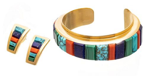 Saunsa (Navajo) 14kt Gold, Turquoise, Coral, Lazuli & Malachite Bracelet & Earrings, H 2.25'' W 3'' 86g 3 pcs