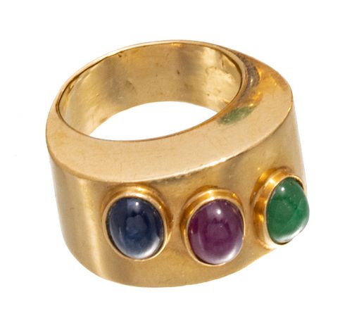 14kt Gold, Cabochon Sapphire, Emerald & Ruby Ring, 12g Size: 5.5