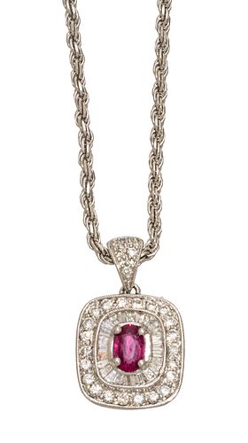 Italian 14kt White Gold Necklace With Ruby & Diamond Pendant, L 18'' 10.6g