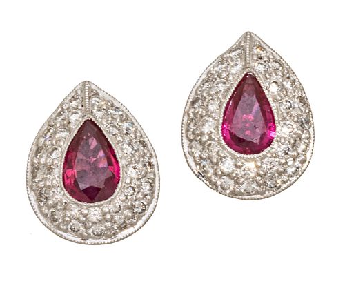 Ruby, Diamond & 18kt White Gold Earrings, H .5'' W .3'' 4.5g